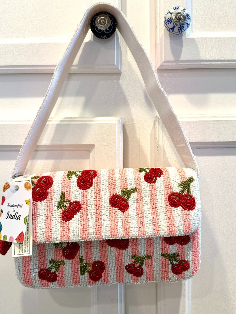 NWT Viral TikTok Beaded Cherry Striped Bag
